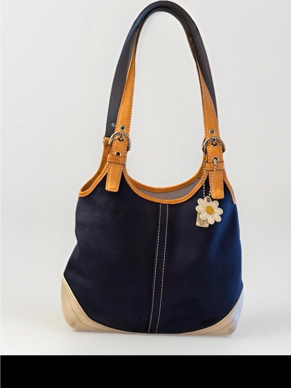 Coach Shoulder Bag-Hamptons Daisy, Navy Canvas/White Leather Trim *VINTAGE* 2004